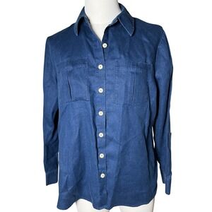 Hemp Button Front Shirt Indigo Blue Roll Tab Sleeves Pockets Gold Labell 10P